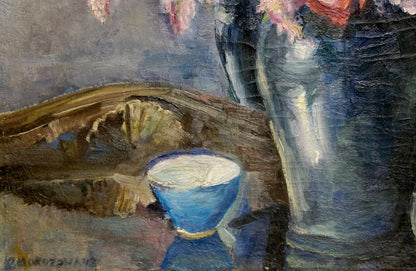 Oil painting Autumn bouquet in blue ceramic cup with white interior and gold rim