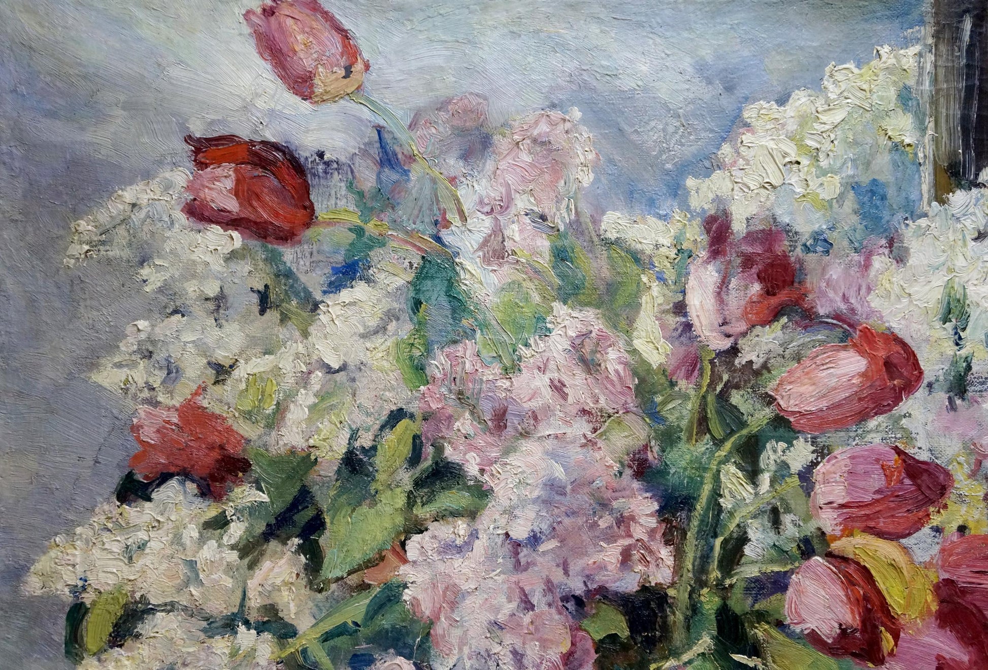 Oil painting Autumn bouquet of pink red tulips and white blossoms
