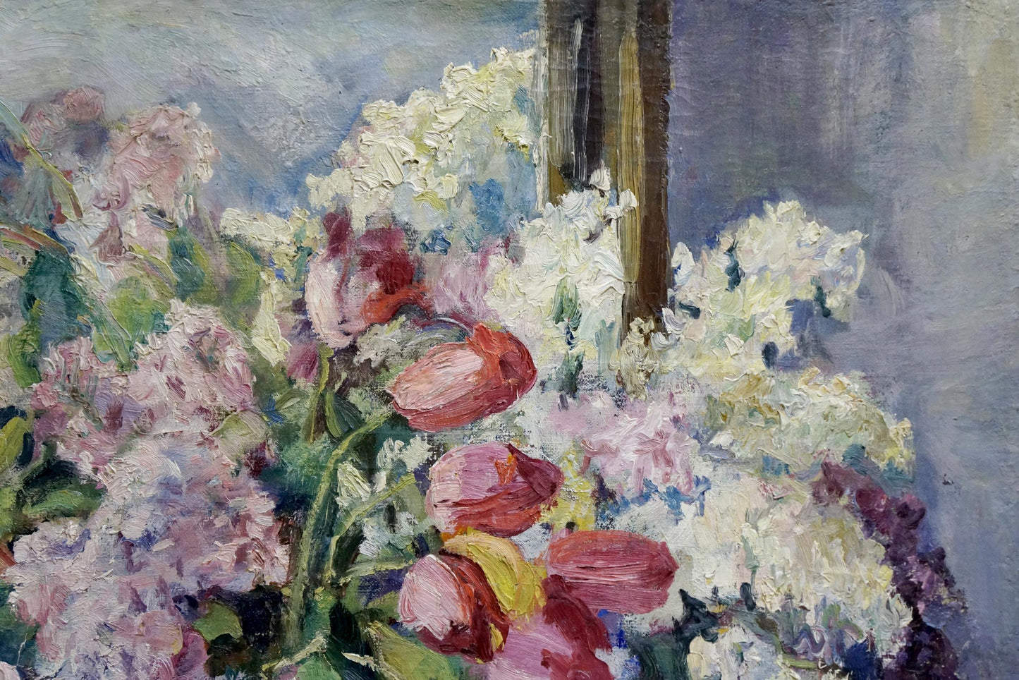 Oil painting Autumn bouquet: vibrant pink white hydrangeas in impasto