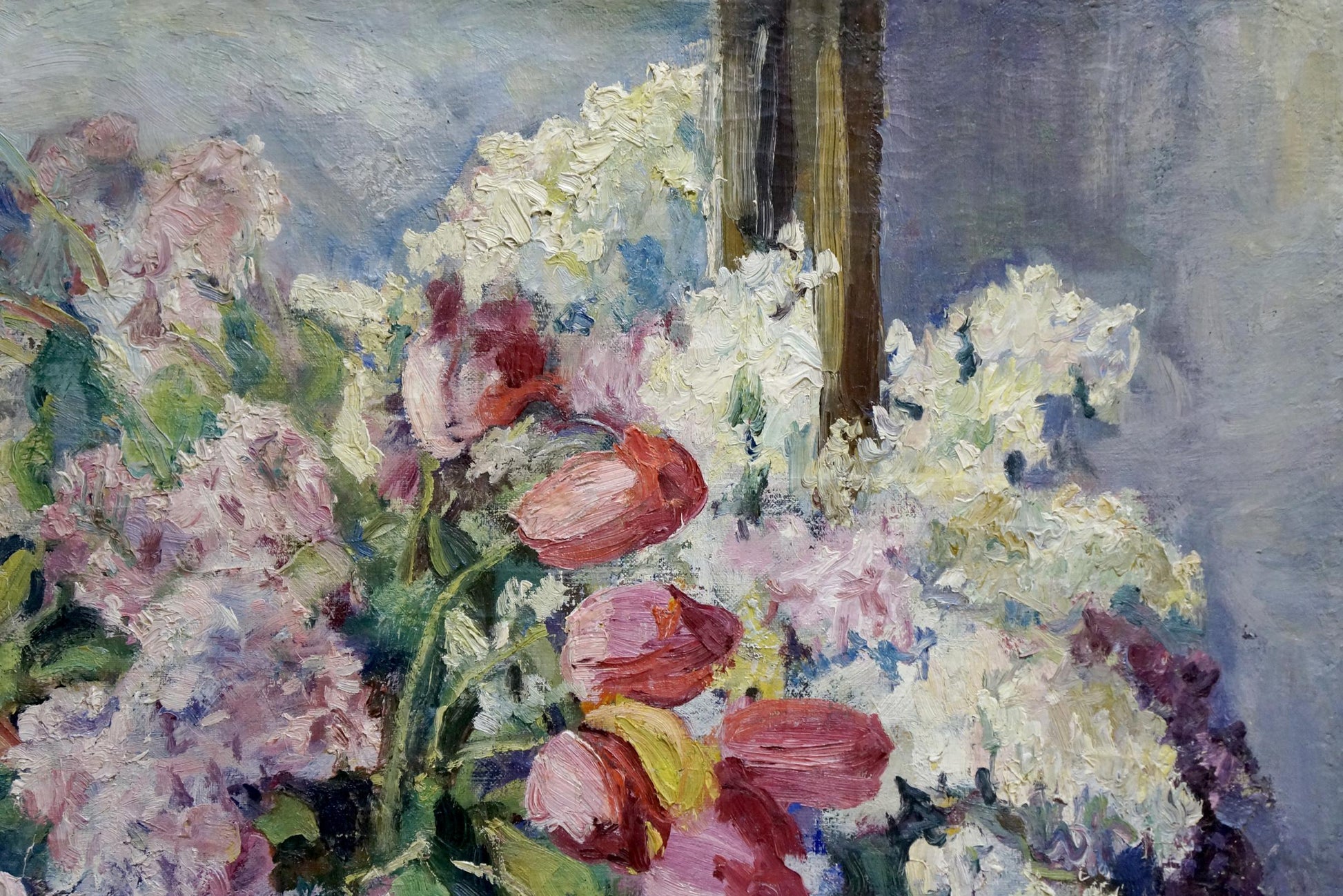 Oil painting Autumn bouquet: vibrant pink white hydrangeas in impasto