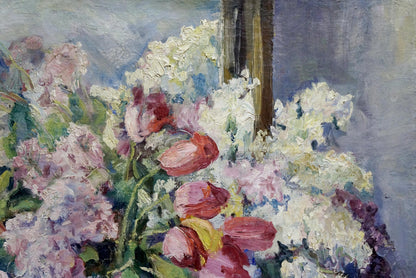 Oil painting Autumn bouquet: vibrant pink white hydrangeas in impasto
