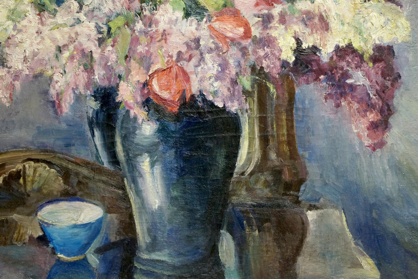 Oil painting Autumn bouquet of pink purple lilac blossoms in dark blue vase