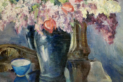 Oil painting Autumn bouquet of pink purple lilac blossoms in dark blue vase