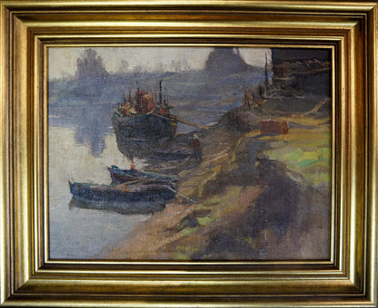 Oil painting Moored boats by Romadin N.M. in muted blues and grays