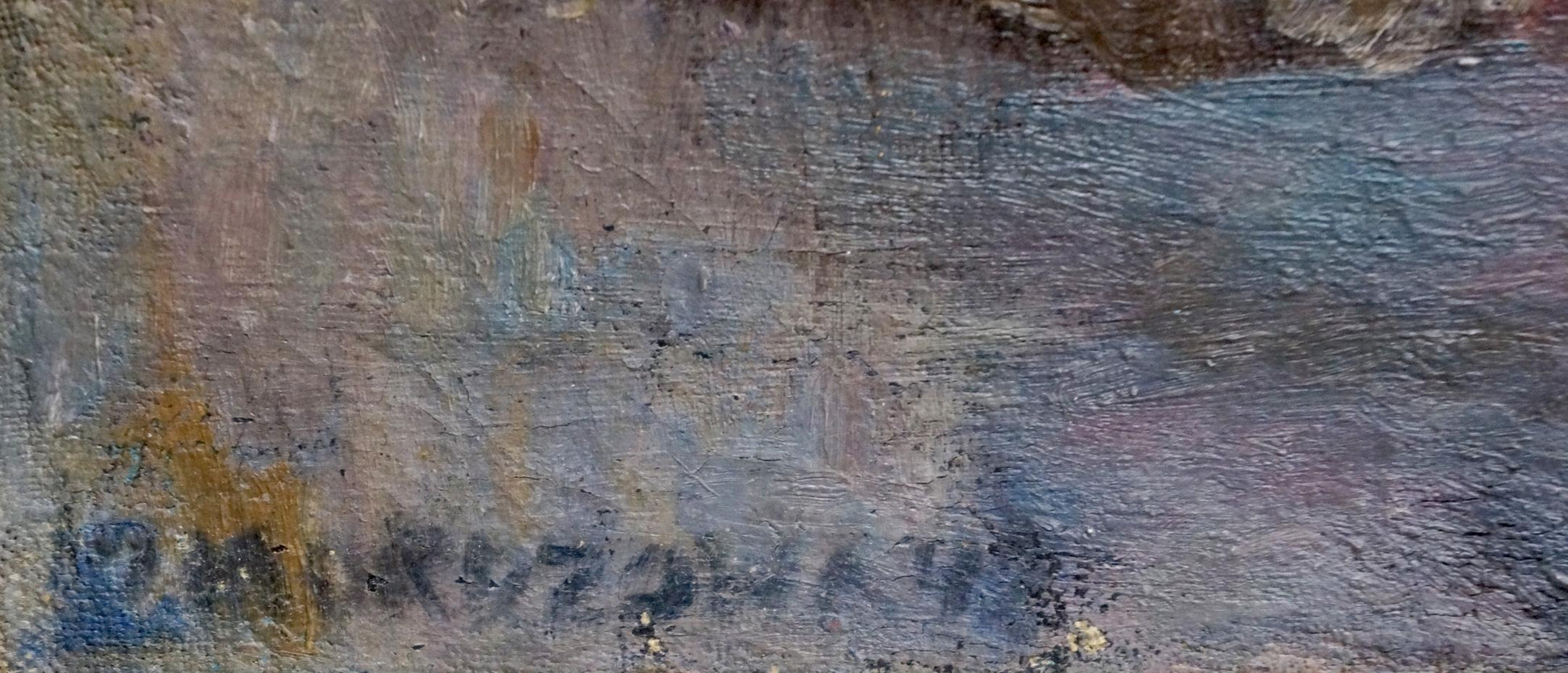 Oil painting Autumn bouquet with faded blue and brown paint strokes on textured canvas