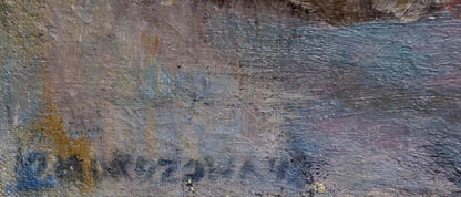 Oil painting Autumn bouquet with faded blue and brown paint strokes on textured canvas