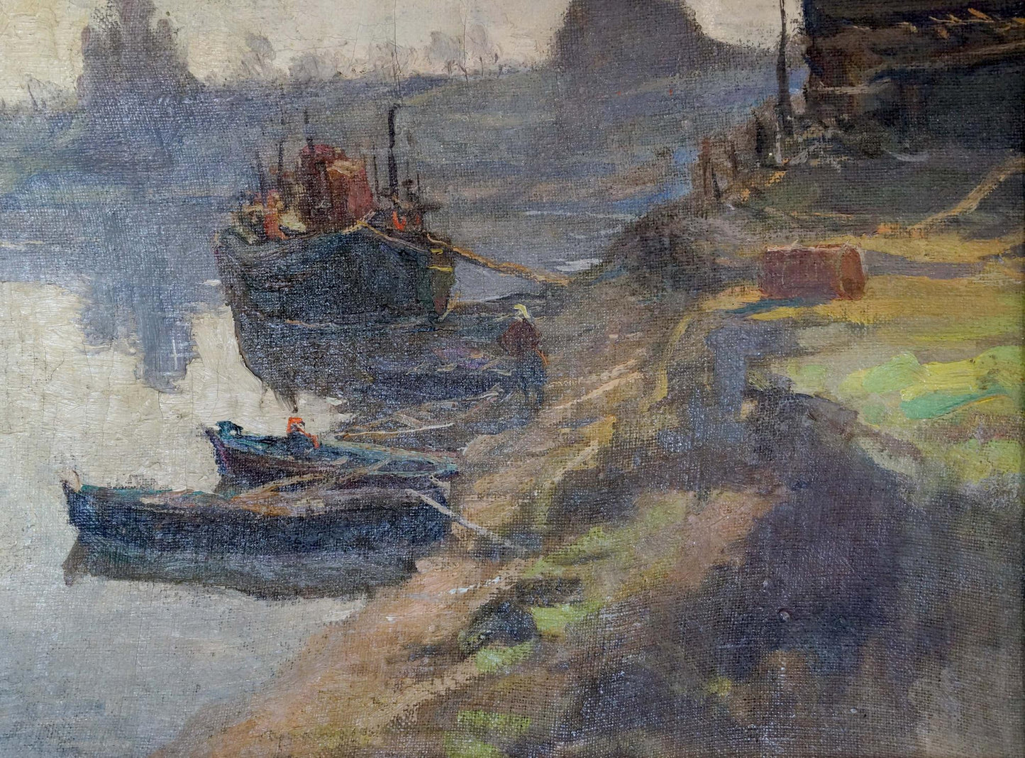 Muted blue gray oil painting of moored boats by Romadin N.M. in harbor scene