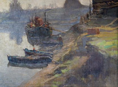 Muted blue gray oil painting of moored boats by Romadin N.M. in harbor scene