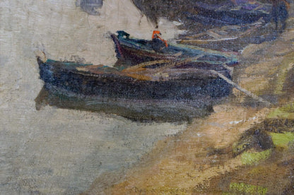 Impressionistic oil painting by Romadin N.M. of dark blue rowboat with orange figure