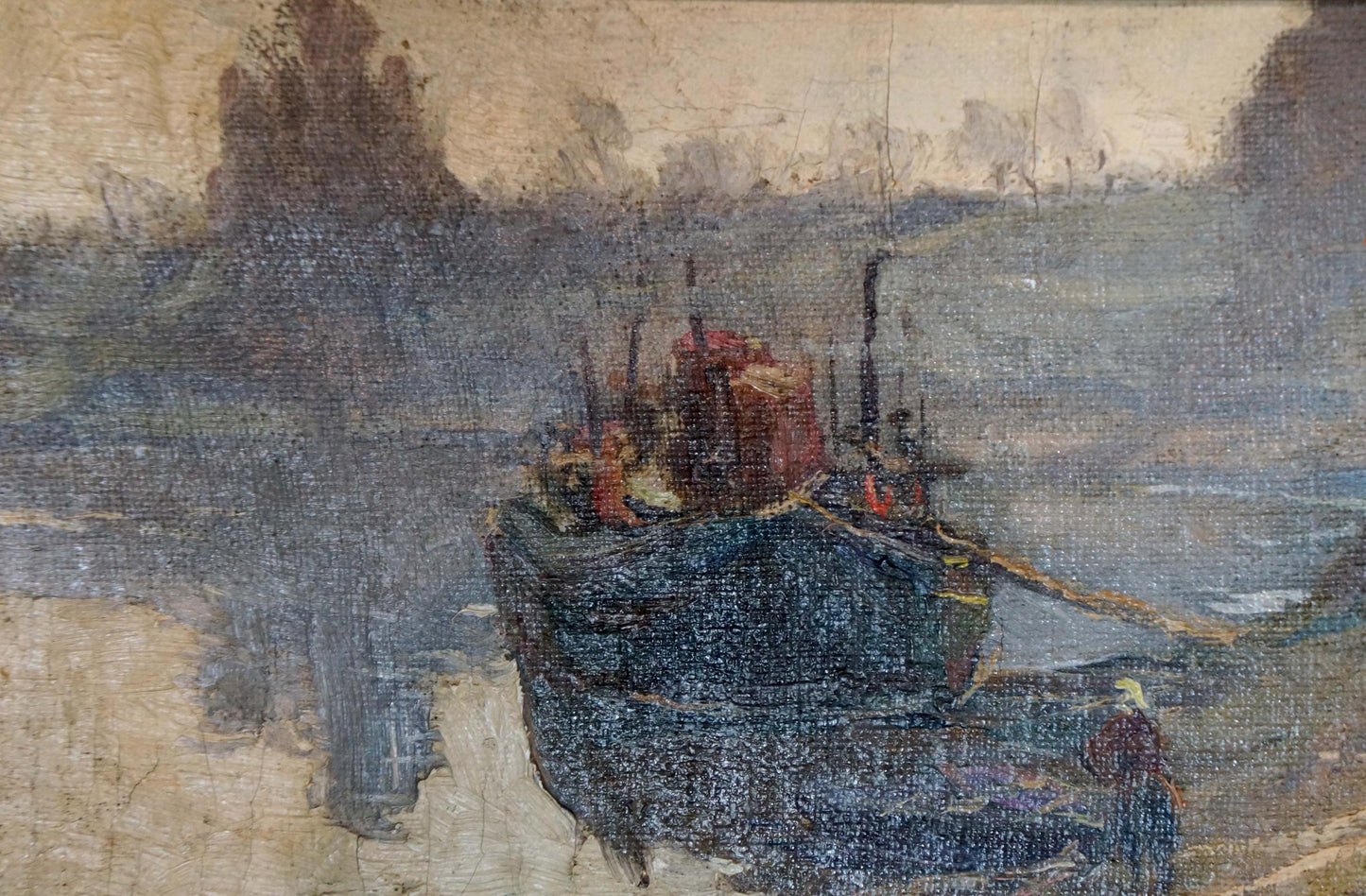 Weathered oil painting Moored boats by Romadin N.M., dark blue boat with red orange accents