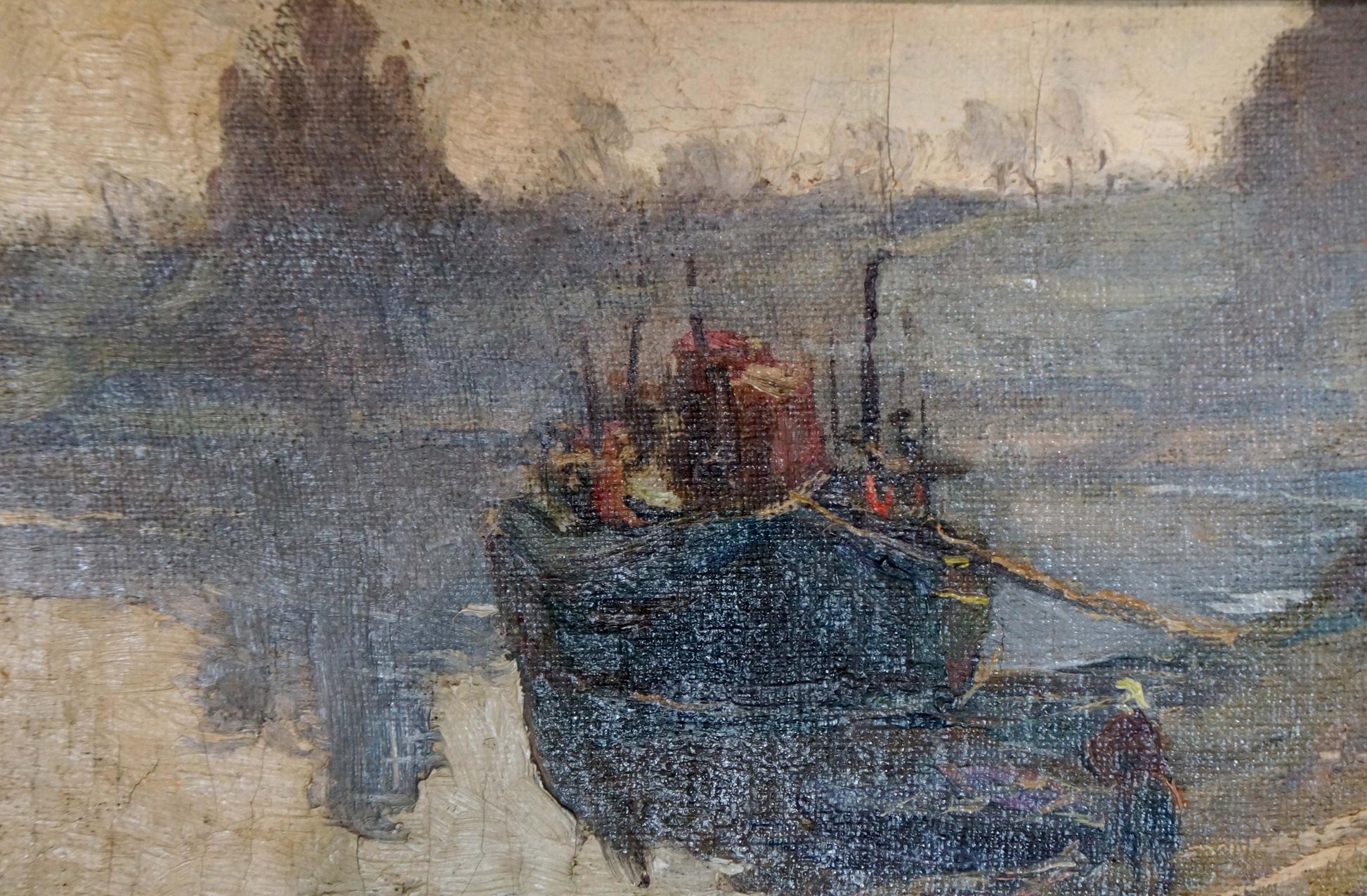Weathered oil painting Moored boats by Romadin N.M., dark blue boat with red orange accents