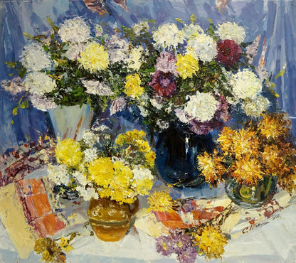 Oil painting of vibrant chrysanthemums in white, yellow, purple vases by Sergey Shapovalov