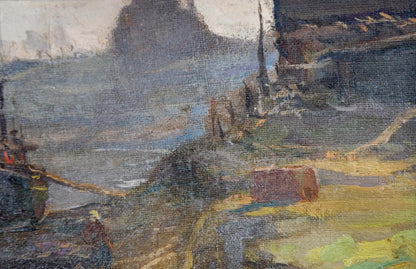 Textured oil painting of moored boats by Romadin N.M., coastal scene in muted blues and grays