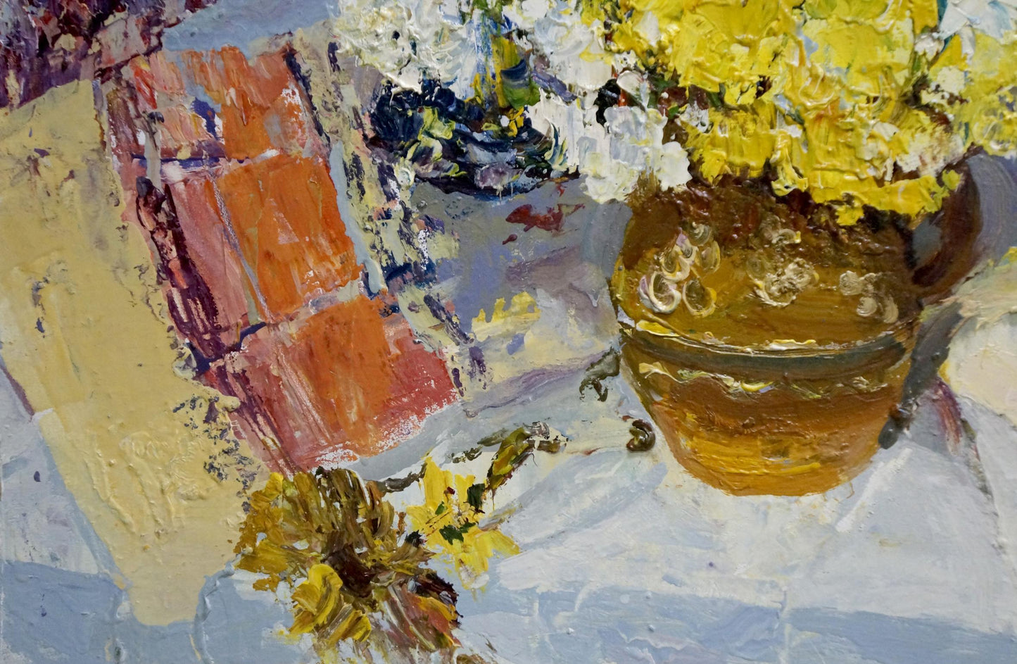 Oil painting of summer flowers in golden ceramic vase by Sergey Shapovalov