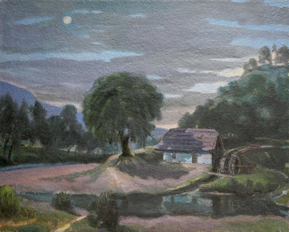 Serene moonlit oil painting of rustic cottage by water wheel