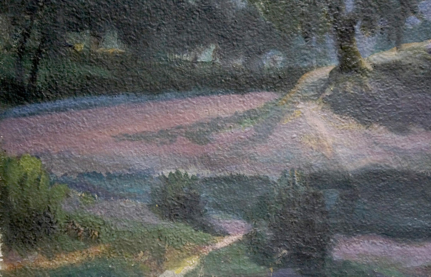 Oil painting Night time: impressionist landscape with winding path in muted fields