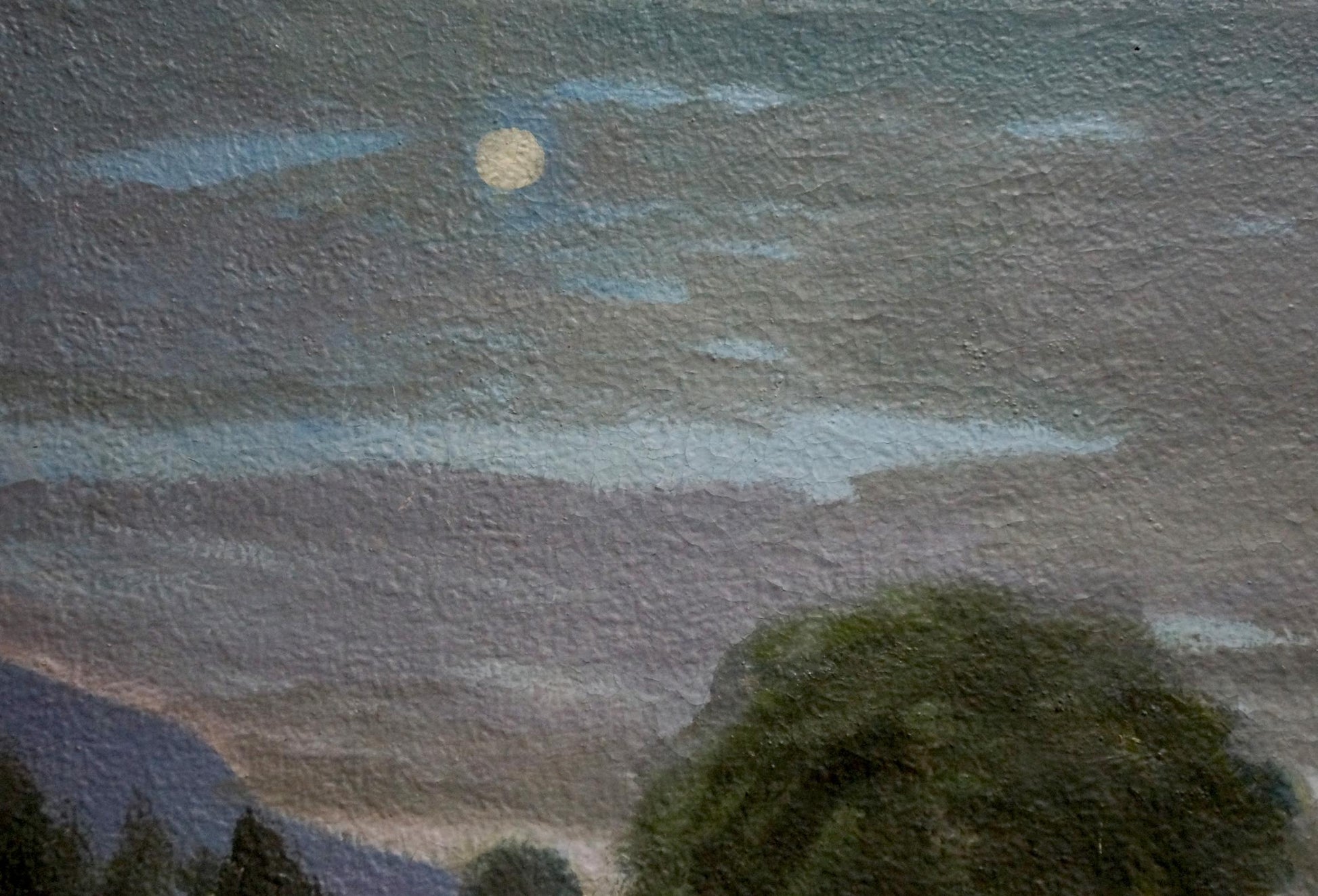 Serene oil painting of night sky with full moon, clouds, and tree silhouettes