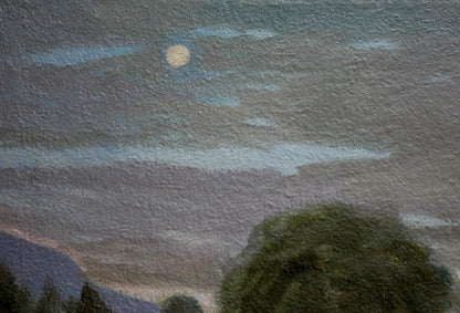 Serene oil painting of night sky with full moon, clouds, and tree silhouettes
