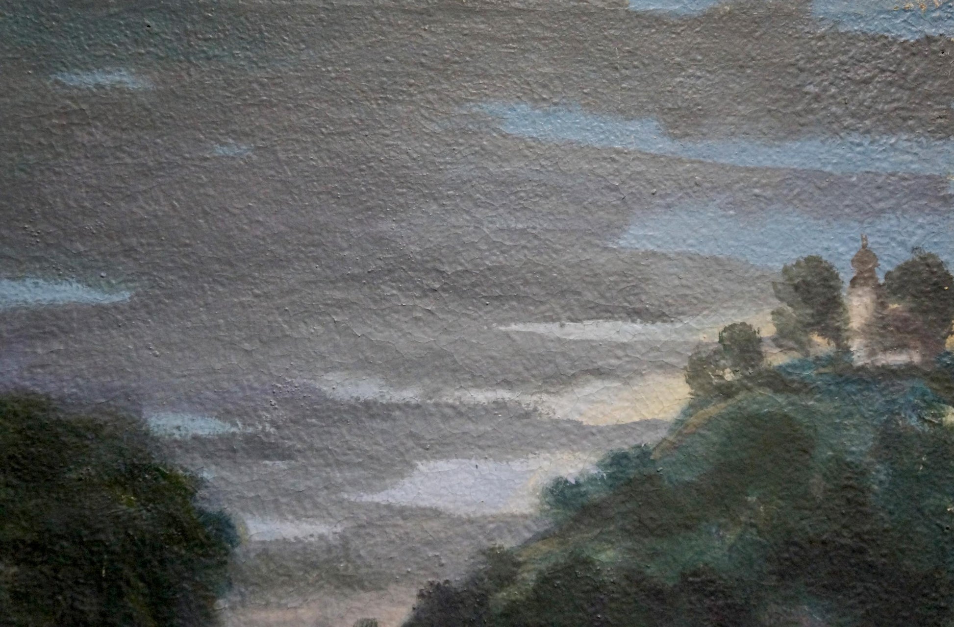 Oil painting Night time: misty dark green hills, distant trees, cloudy sky