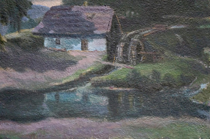 Oil painting of rustic wooden watermill with dark thatched roof by nighttime stream