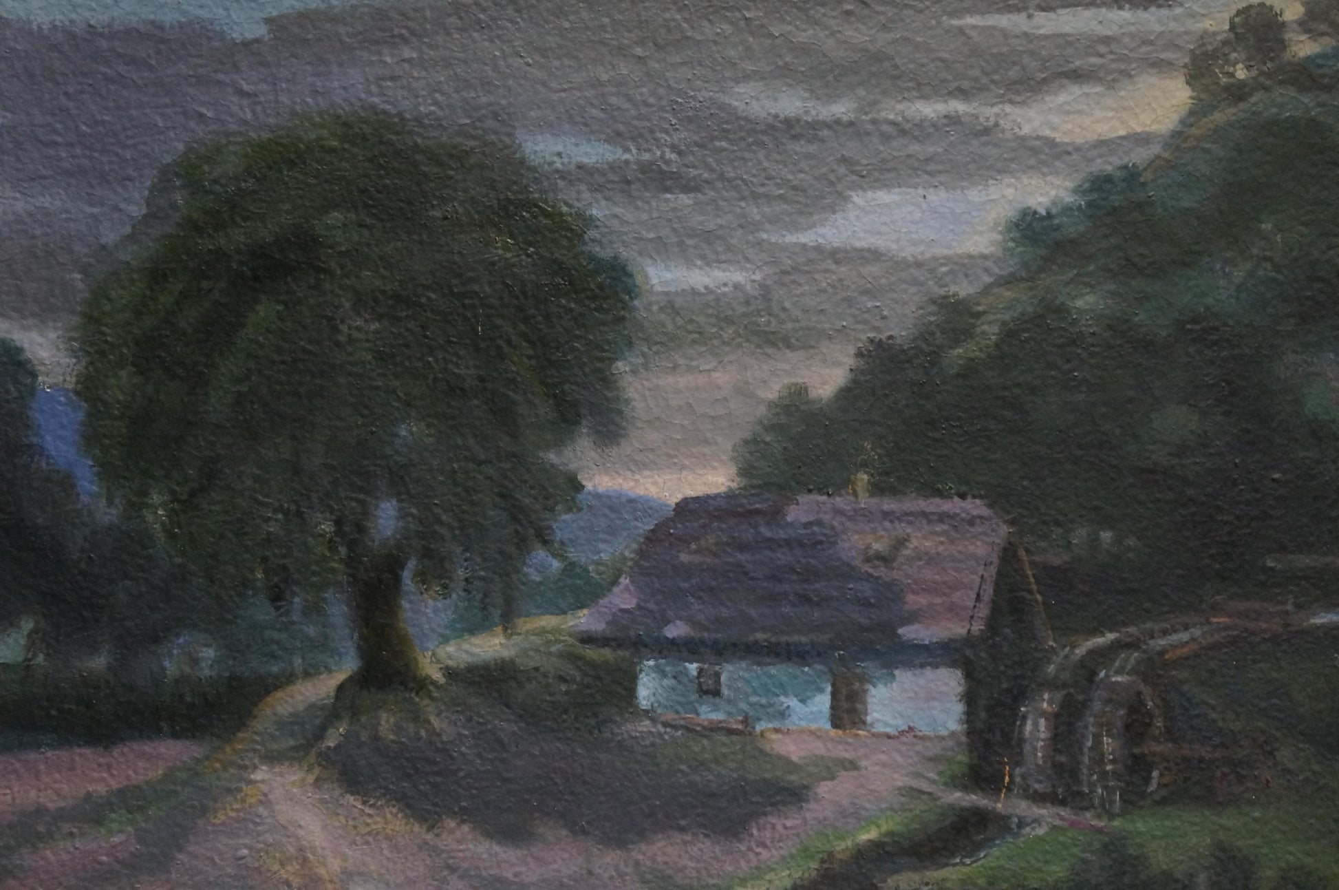 Oil painting of rustic wooden cabin with thatched roof in dark green trees at night