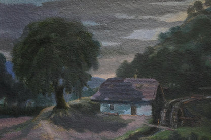 Oil painting of rustic wooden cabin with thatched roof in dark green trees at night