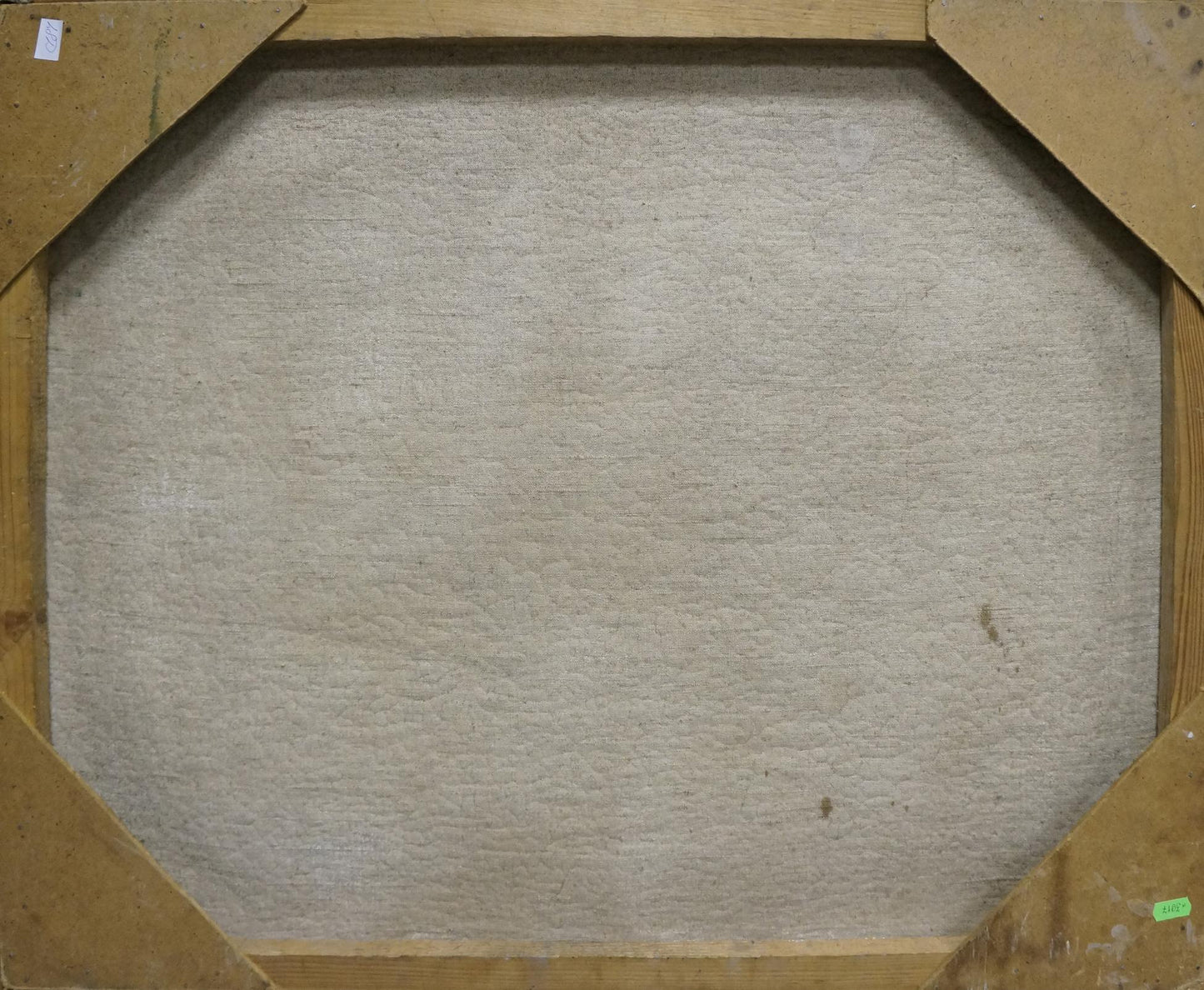 Back of octagonal Night Time oil painting canvas with beige textured fabric on wooden frame
