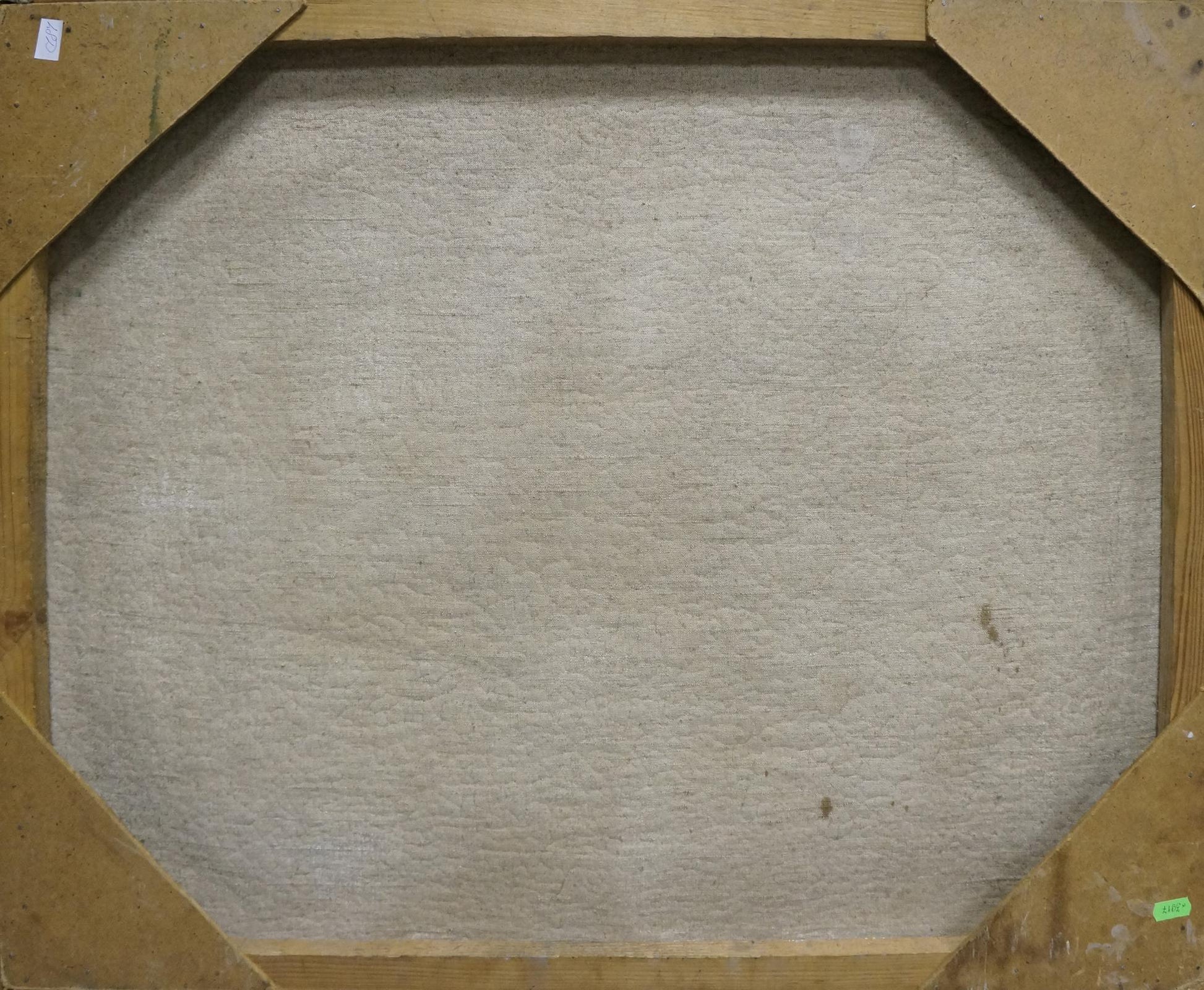 Back of octagonal Night Time oil painting canvas with beige textured fabric on wooden frame