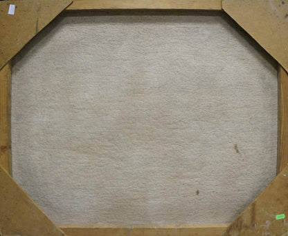 Back of octagonal Night Time oil painting canvas with beige textured fabric on wooden frame