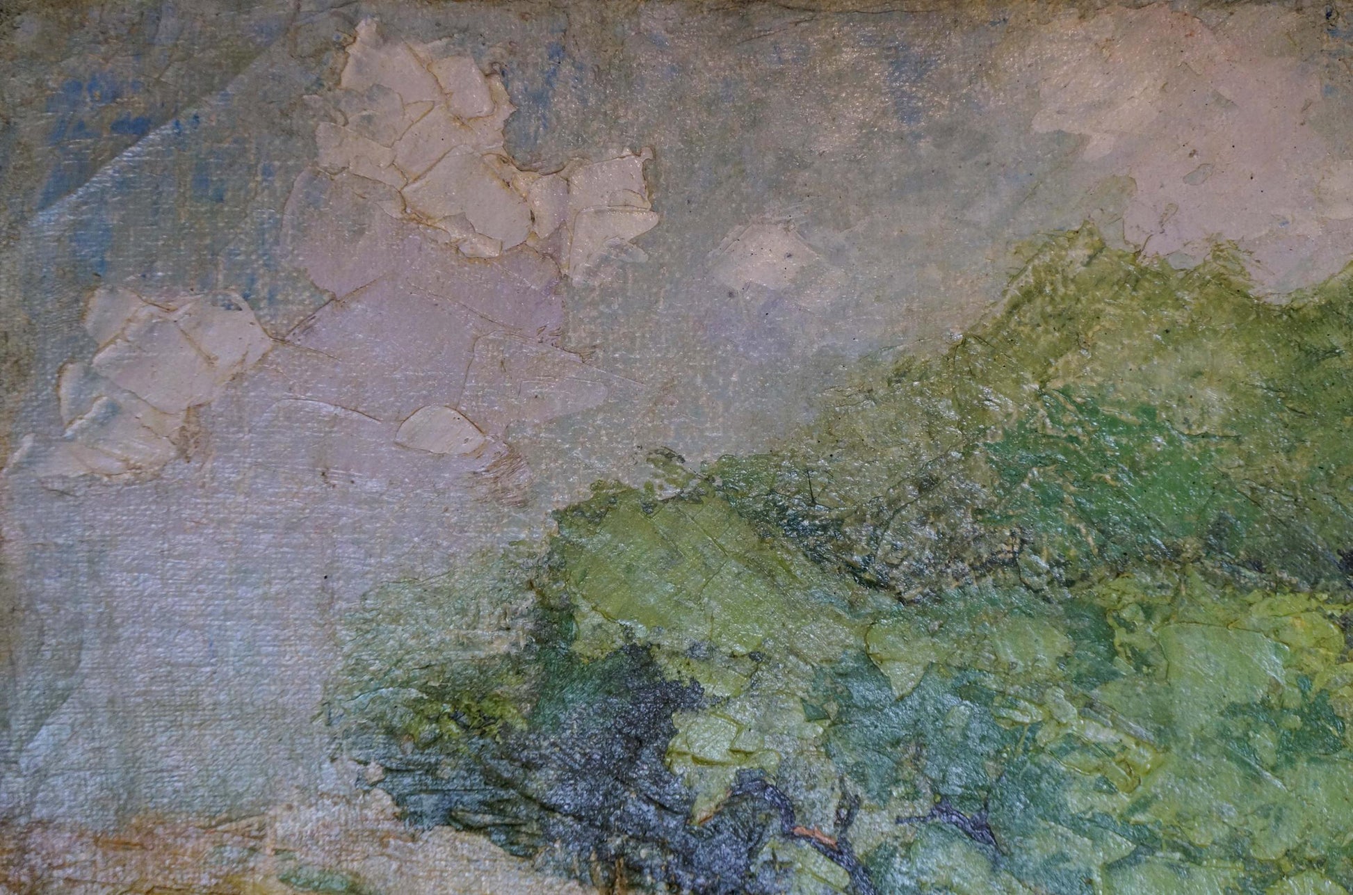 Weathered oil painting of forest landscape by Yakovlev B. N. in muted greens and grays