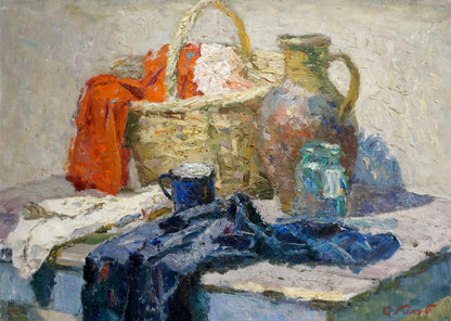 Oil painting of clothes in woven basket with orange fabric by Golub Stepan Filippovich