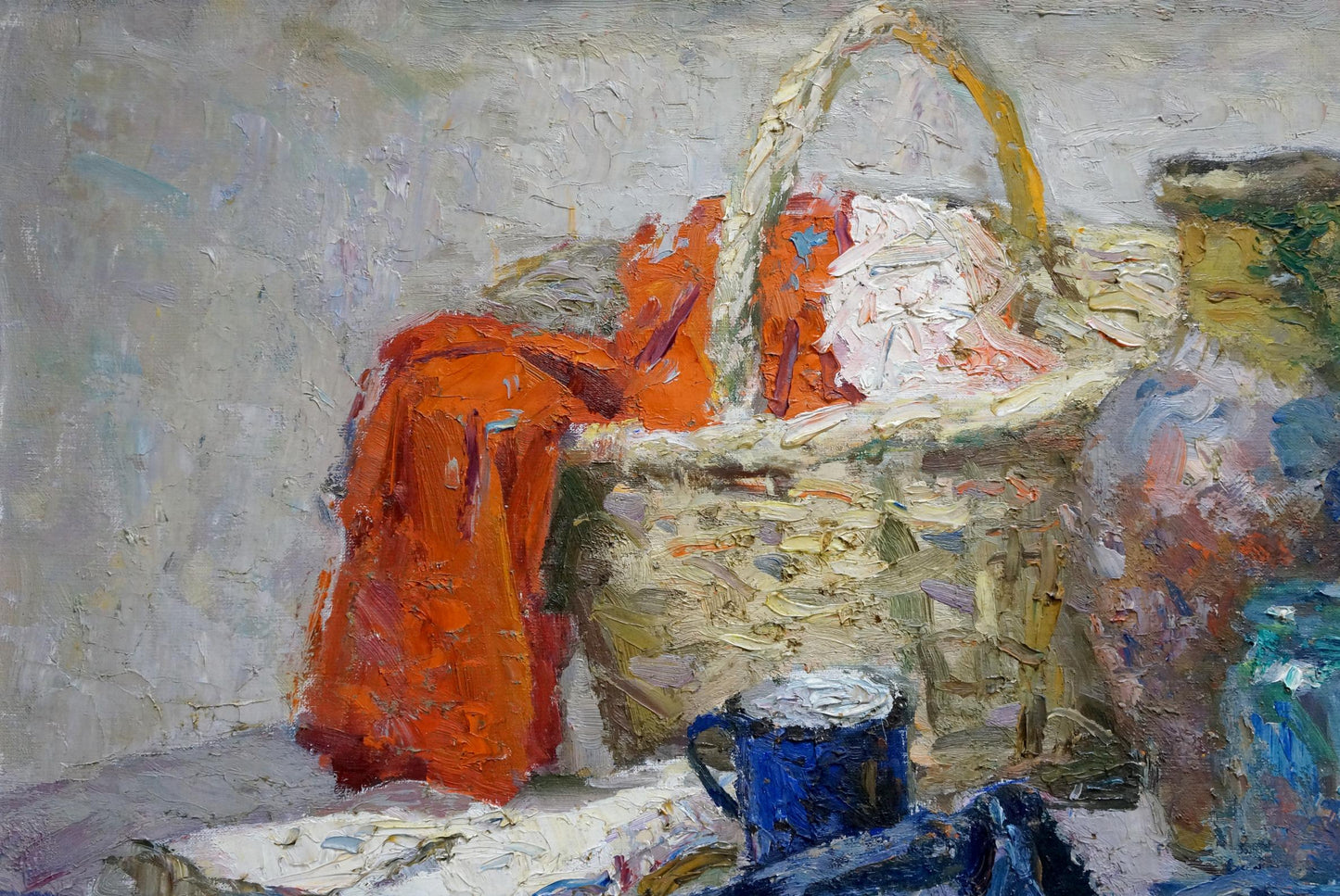 Oil painting of clothes in wicker basket by Golub Stepan Filippovich