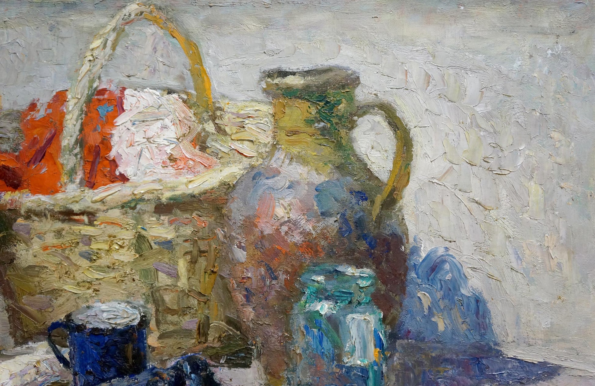 Oil-painted ceramic jug by Golub Stepan Filippovich in earthy tones
