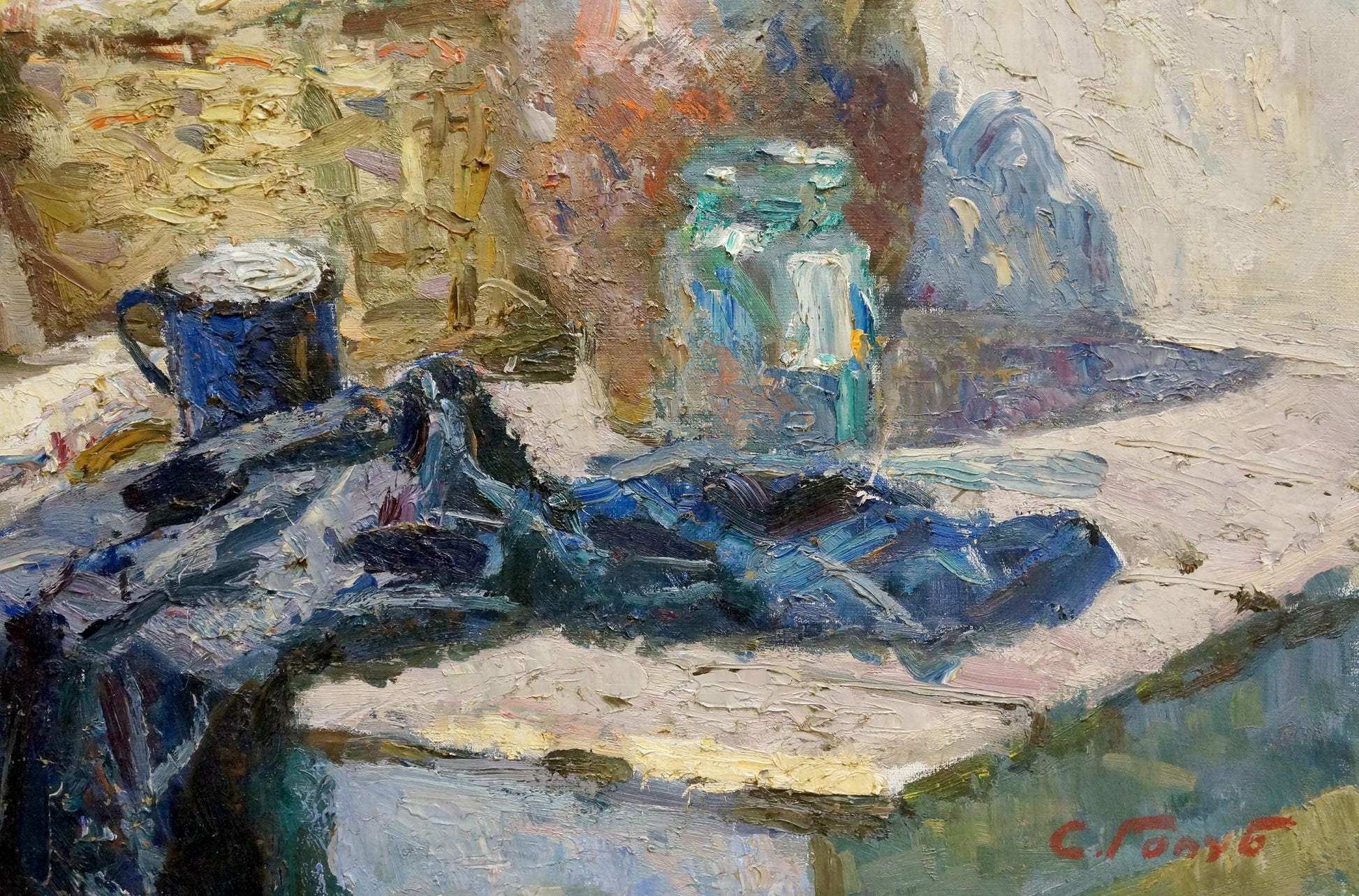 Impressionistic oil painting of blue mug jar on table by Golub Stepan Filippovich