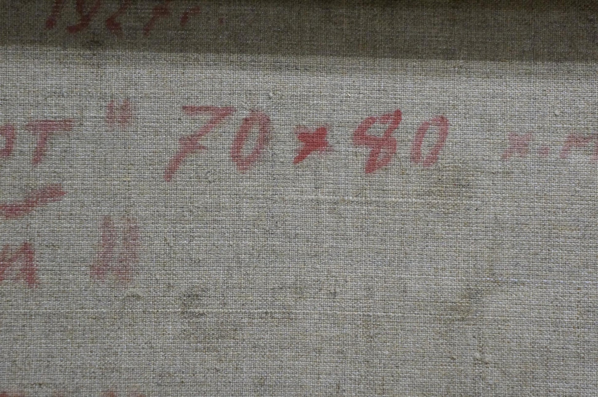 Gray textured fabric with faded red markings in Golub Stepan Filippovich oil painting