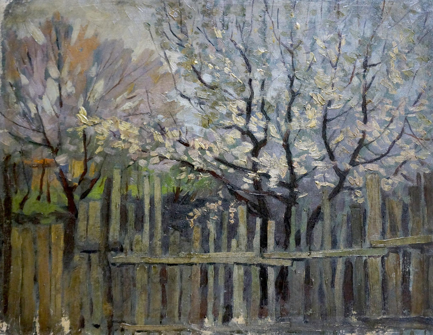 Oil painting View from the yard Chuykov S.A.: weathered wooden fence