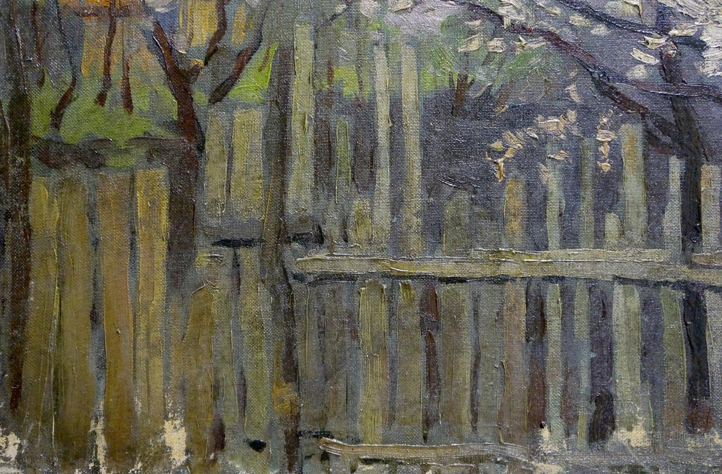 Oil painting View from the yard Chuykov S.A.: weathered green-brown wooden fence