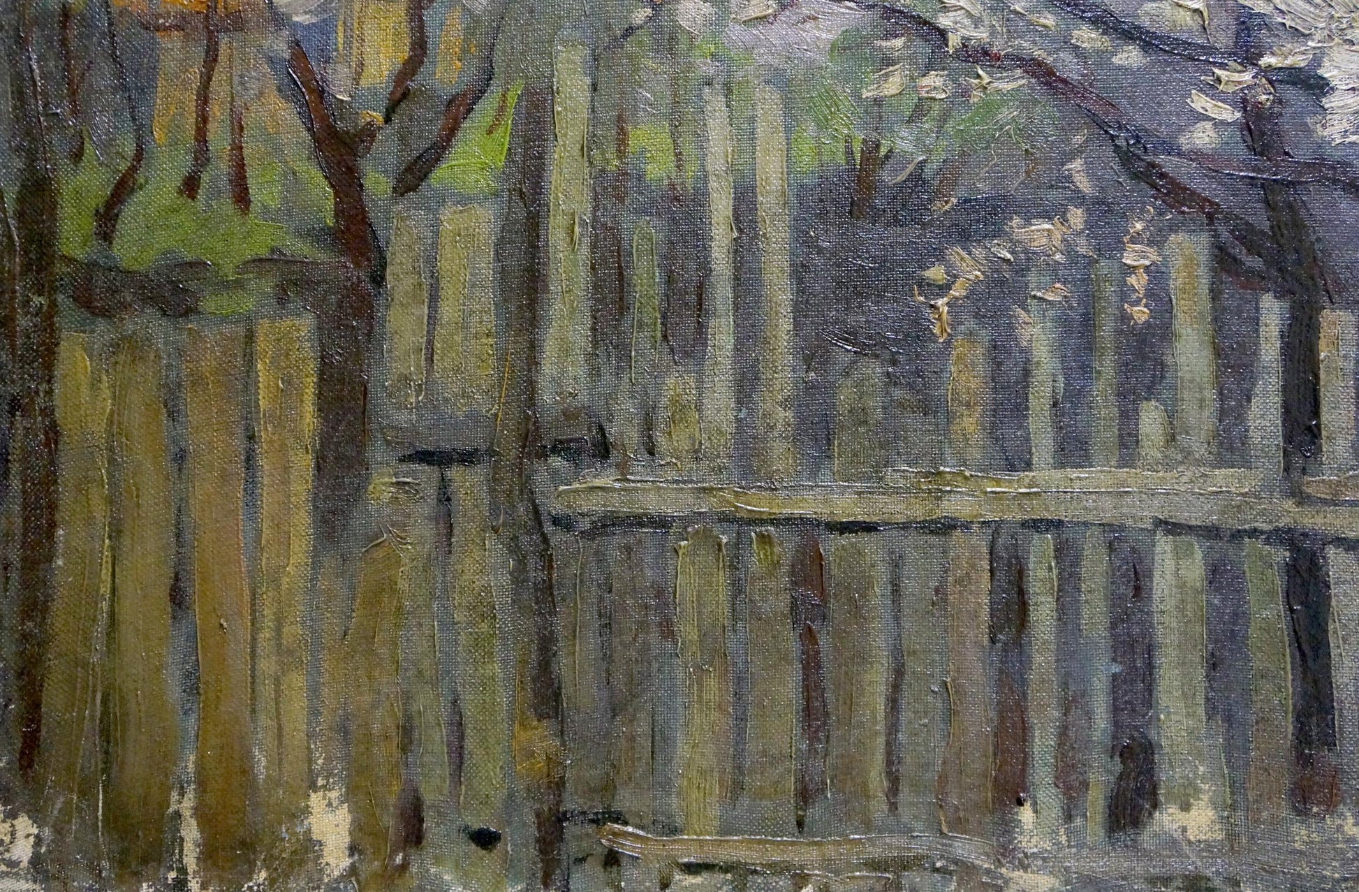 Oil painting View from the yard Chuykov S.A.: weathered green-brown wooden fence