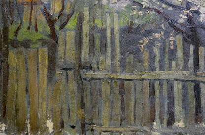 Oil painting View from the yard Chuykov S.A.: weathered green-brown wooden fence