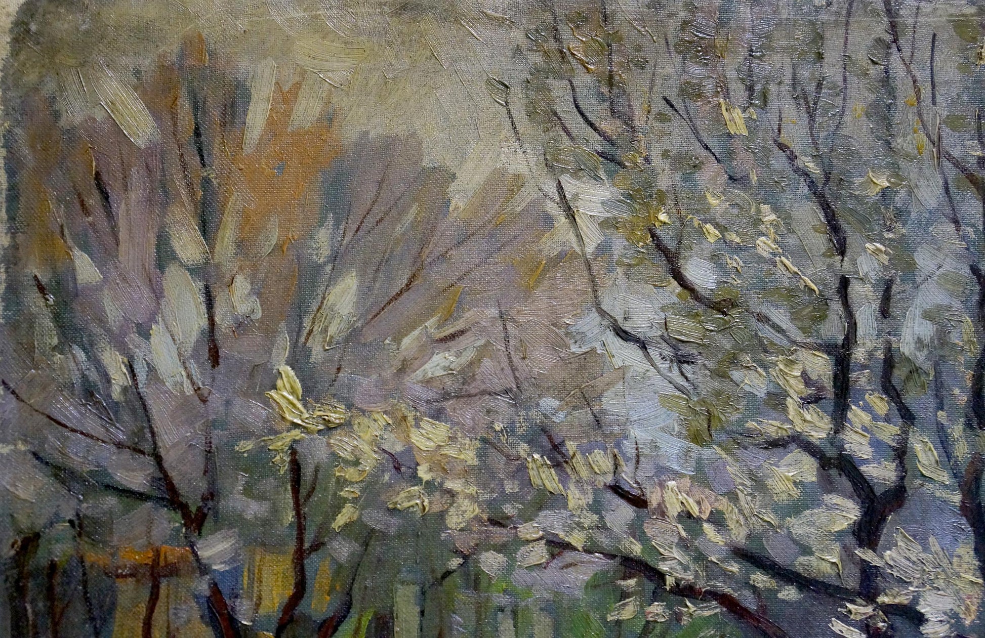 Impressionistic oil painting View from the yard by Chuykov S. A. with bare trees and pale yellow blossoms against muted gray ochre sky