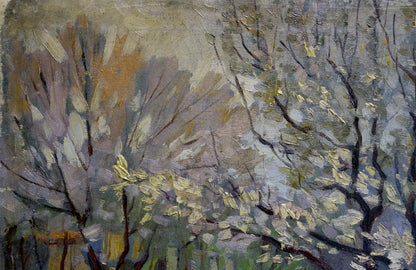 Impressionistic oil painting View from the yard by Chuykov S. A. with bare trees and pale yellow blossoms against muted gray ochre sky
