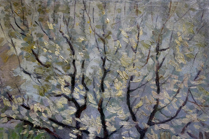 Oil painting View from the yard by Chuykov S.A. textured tree on gray background