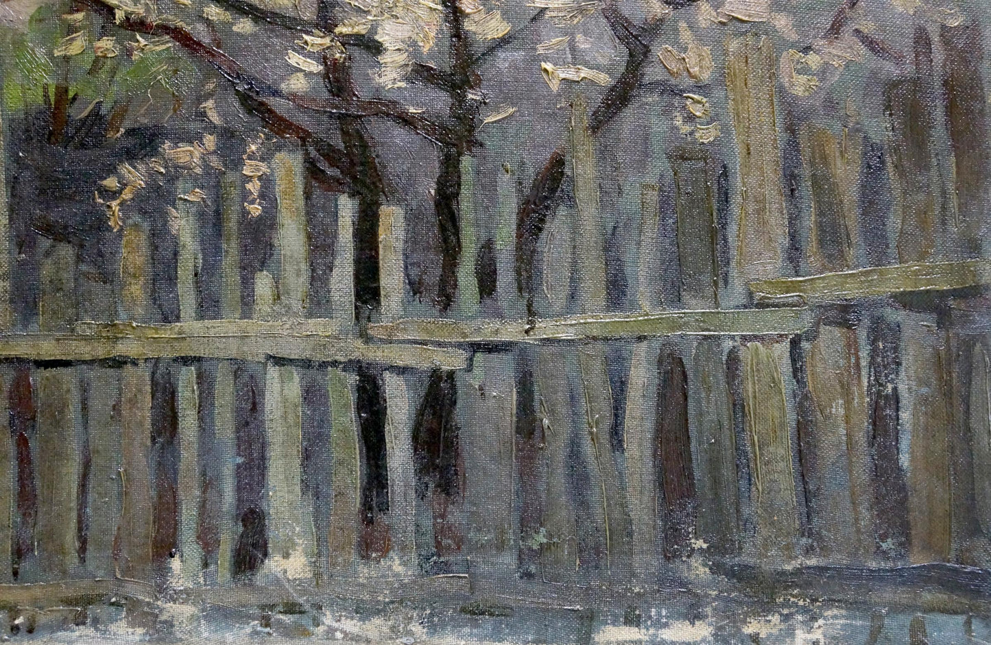 Oil painting by Chuykov S.A.: weathered gray-brown wooden fence slats