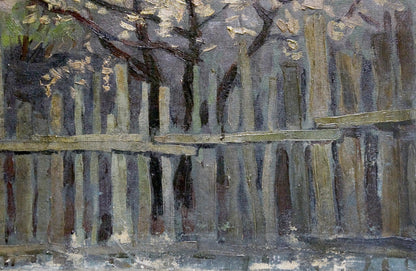Oil painting by Chuykov S.A.: weathered gray-brown wooden fence slats