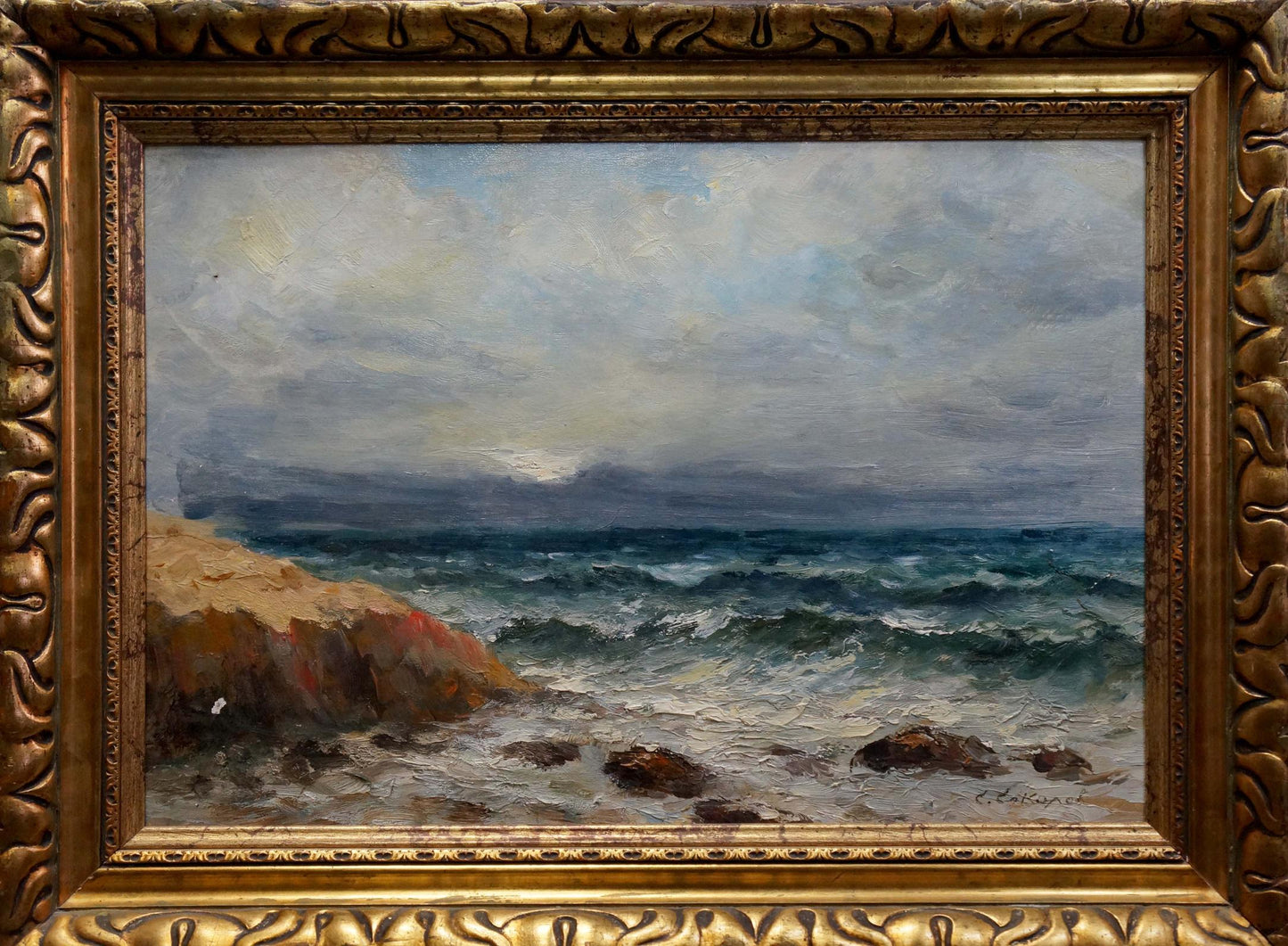 Oil painting Sea waves by Sokolov Evgeny Mikhailovich, moody coastal scene