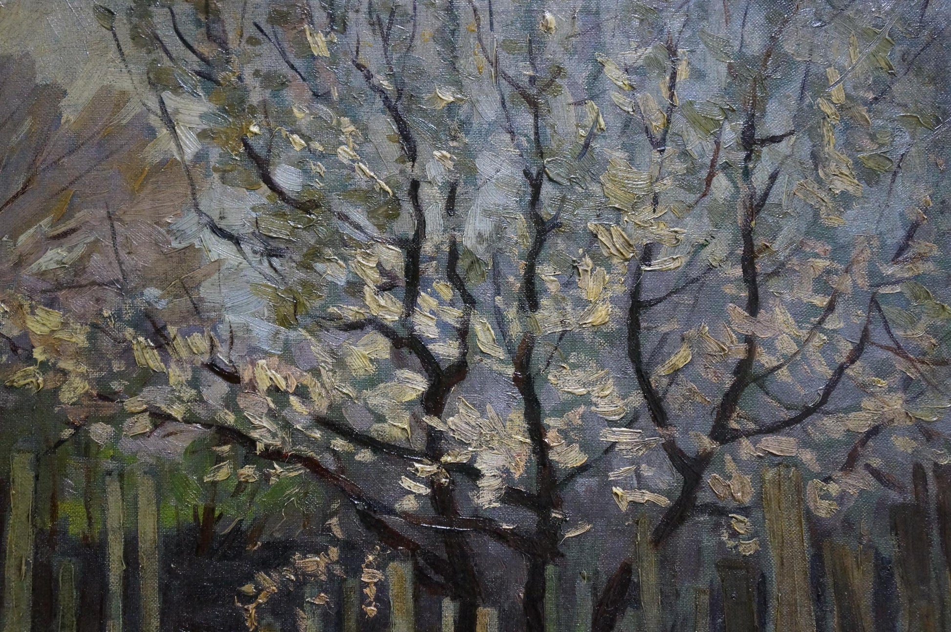 Impressionistic oil painting View from the yard by Chuykov S. A. with gnarled tree