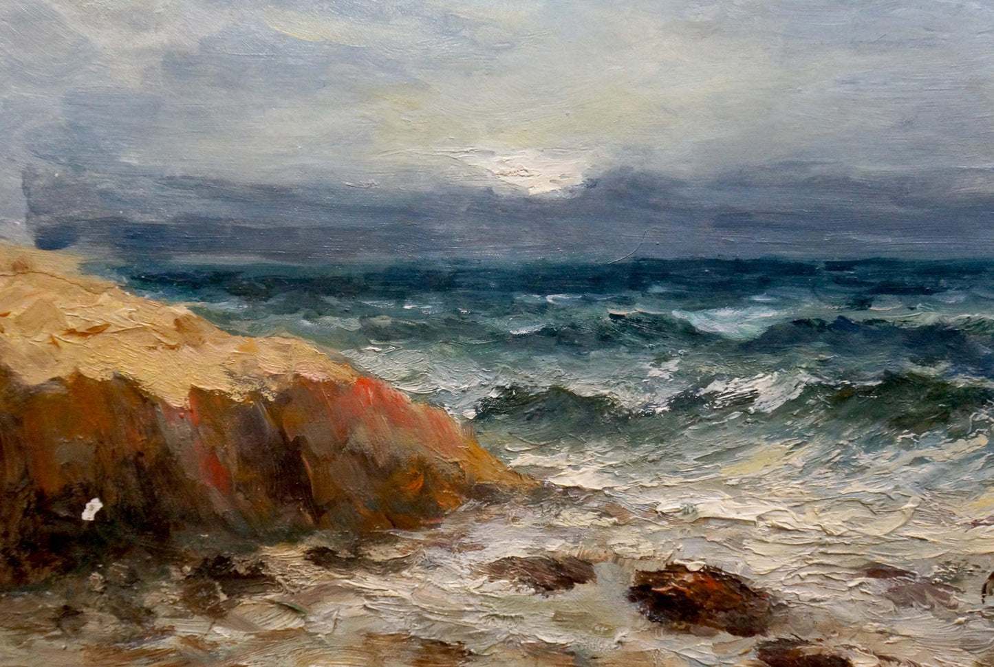 Oil painting of turbulent sea waves on rocks by Sokolov Evgeny Mikhailovich