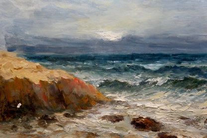 Oil painting of turbulent sea waves on rocks by Sokolov Evgeny Mikhailovich