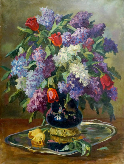Oil painting of lilac in dark blue vase with gold accents by Kerzhner Alexander Haskelevich