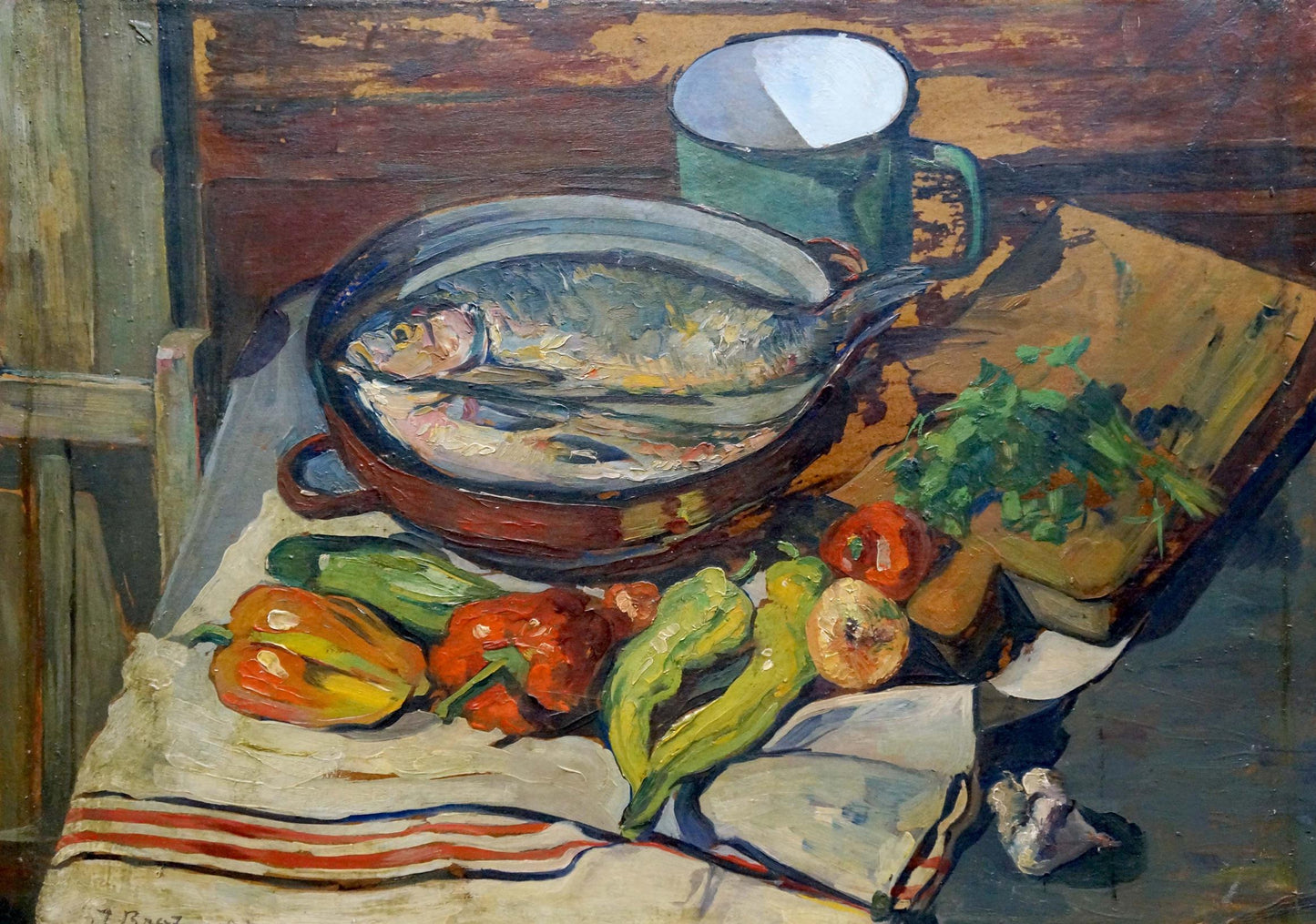 Vibrant impressionistic oil painting Fish soup I. Braz with fish, peppers, herbs
